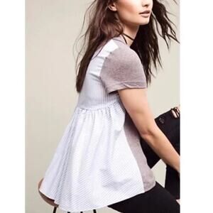 Anthropologie Deletta Callista Striped Flutter Back Detail Linen & Cotton Tee